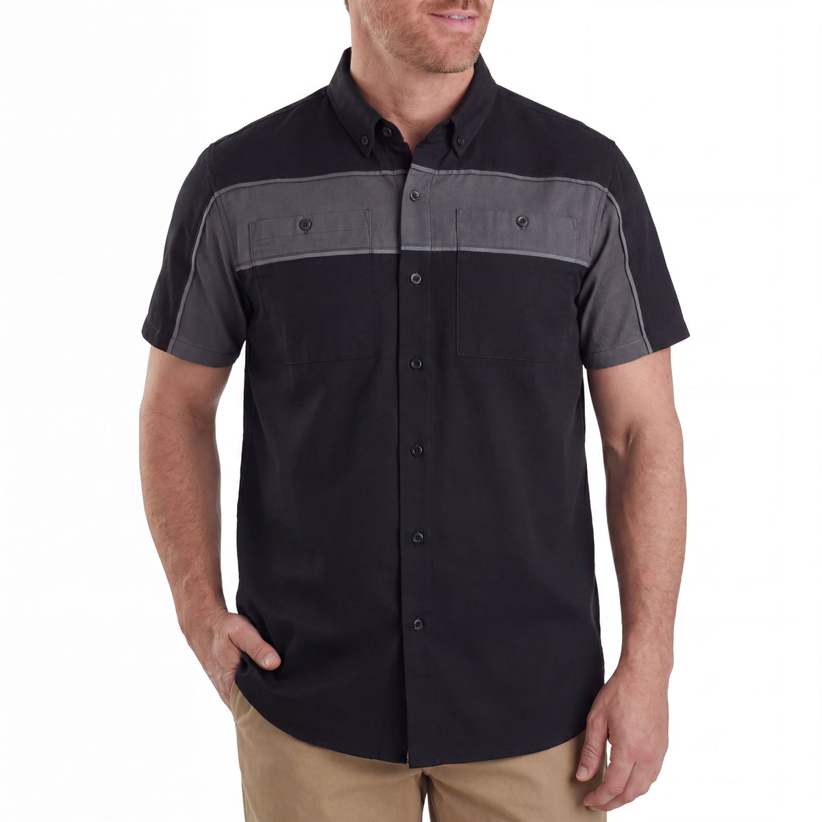 Vance Leather Men's Black Grey Short Sleeve Button Down Two Pockets Soft Casual Shirt