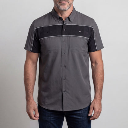 Vance Leather Men's Grey Black Short Sleeve Button Down Two Pockets Soft Casual Shirt