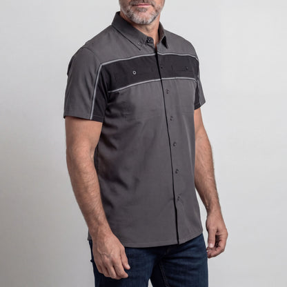 Vance Leather Men's Grey Black Short Sleeve Button Down Two Pockets Soft Casual Shirt