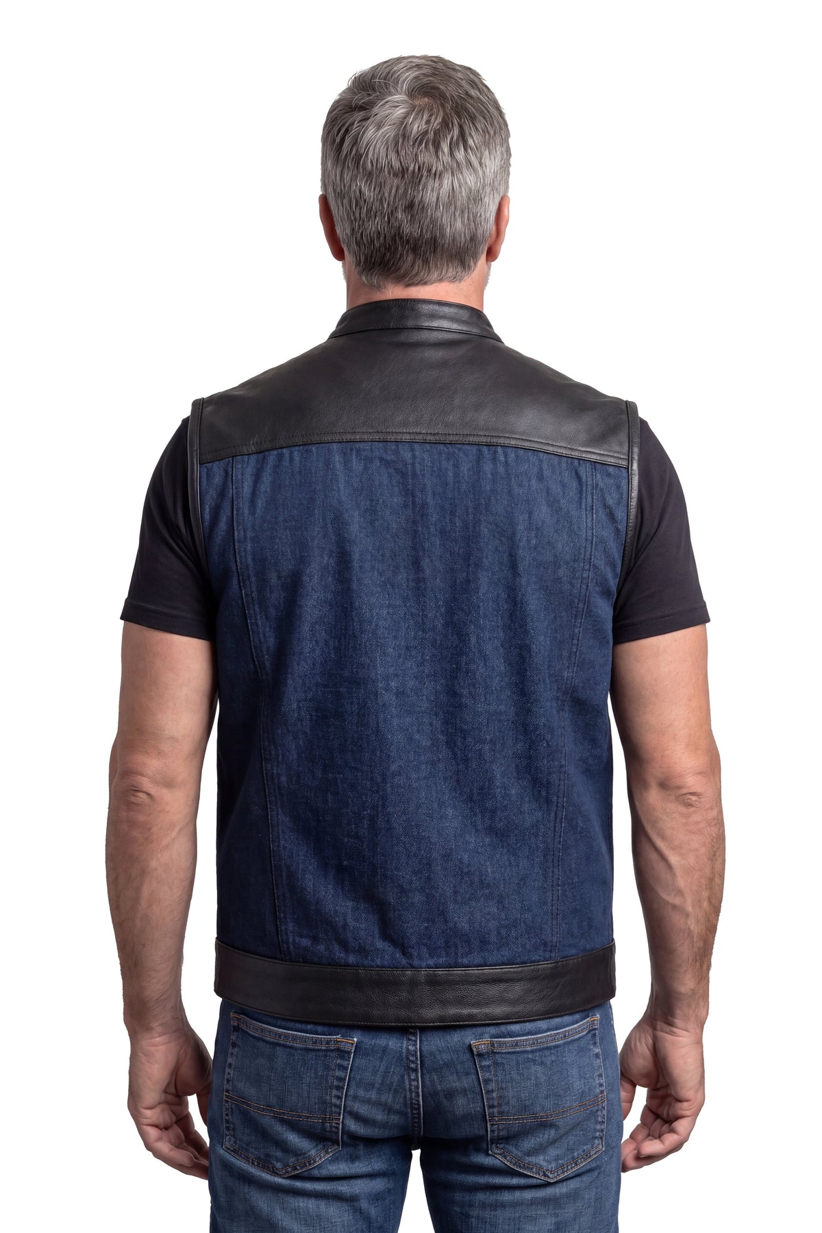 Mens Blue Motorcycle Denim Vest SOA Club Vest with Leather trims