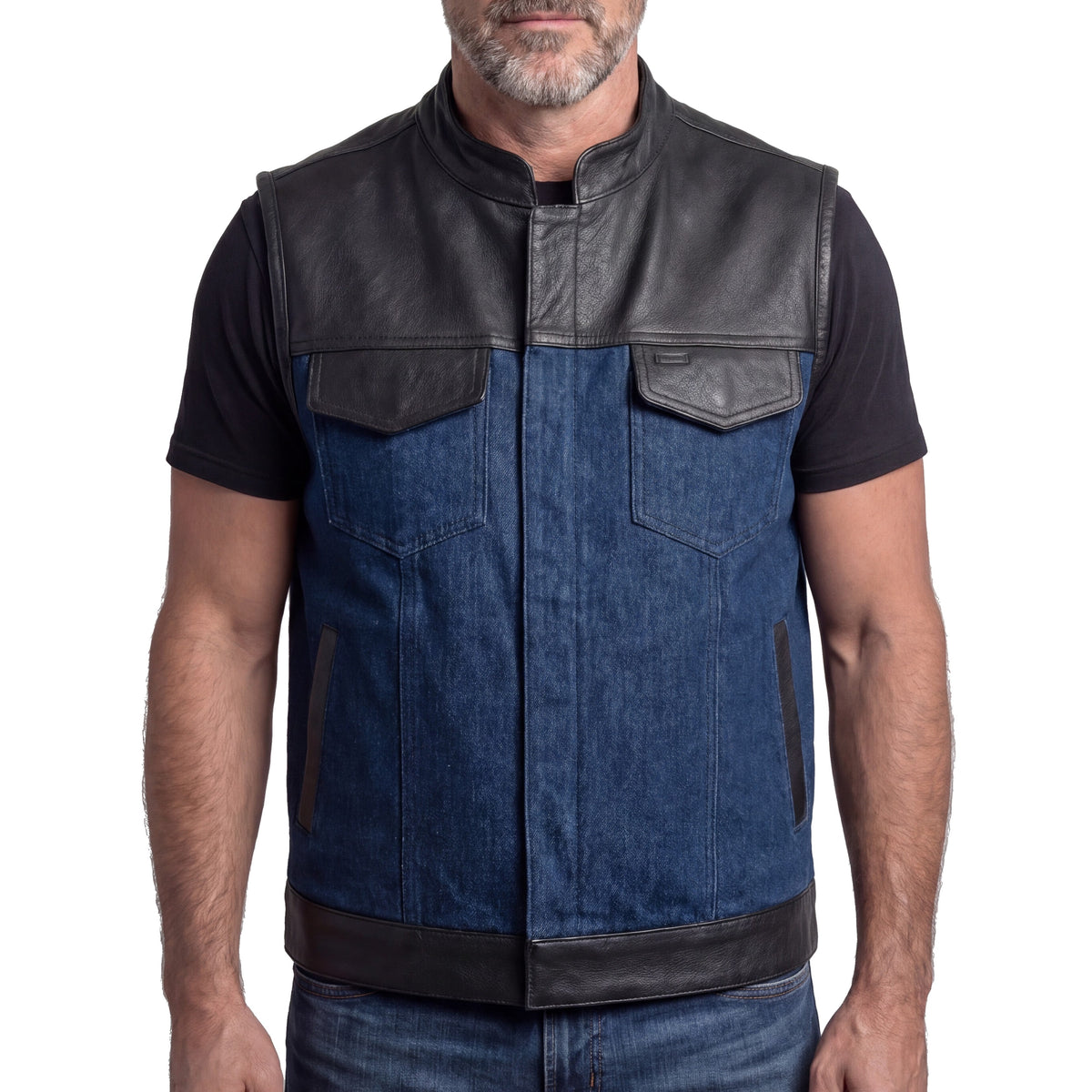 Mens Blue Motorcycle Denim Vest SOA Club Vest with Leather trims