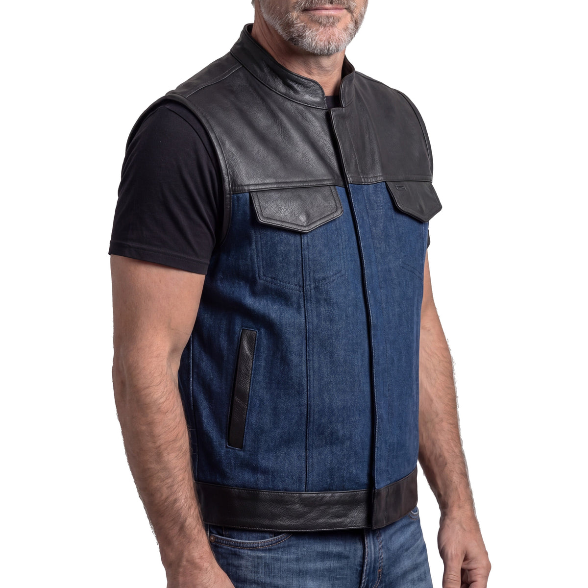 Mens Blue Motorcycle Denim Vest SOA Club Vest with Leather trims