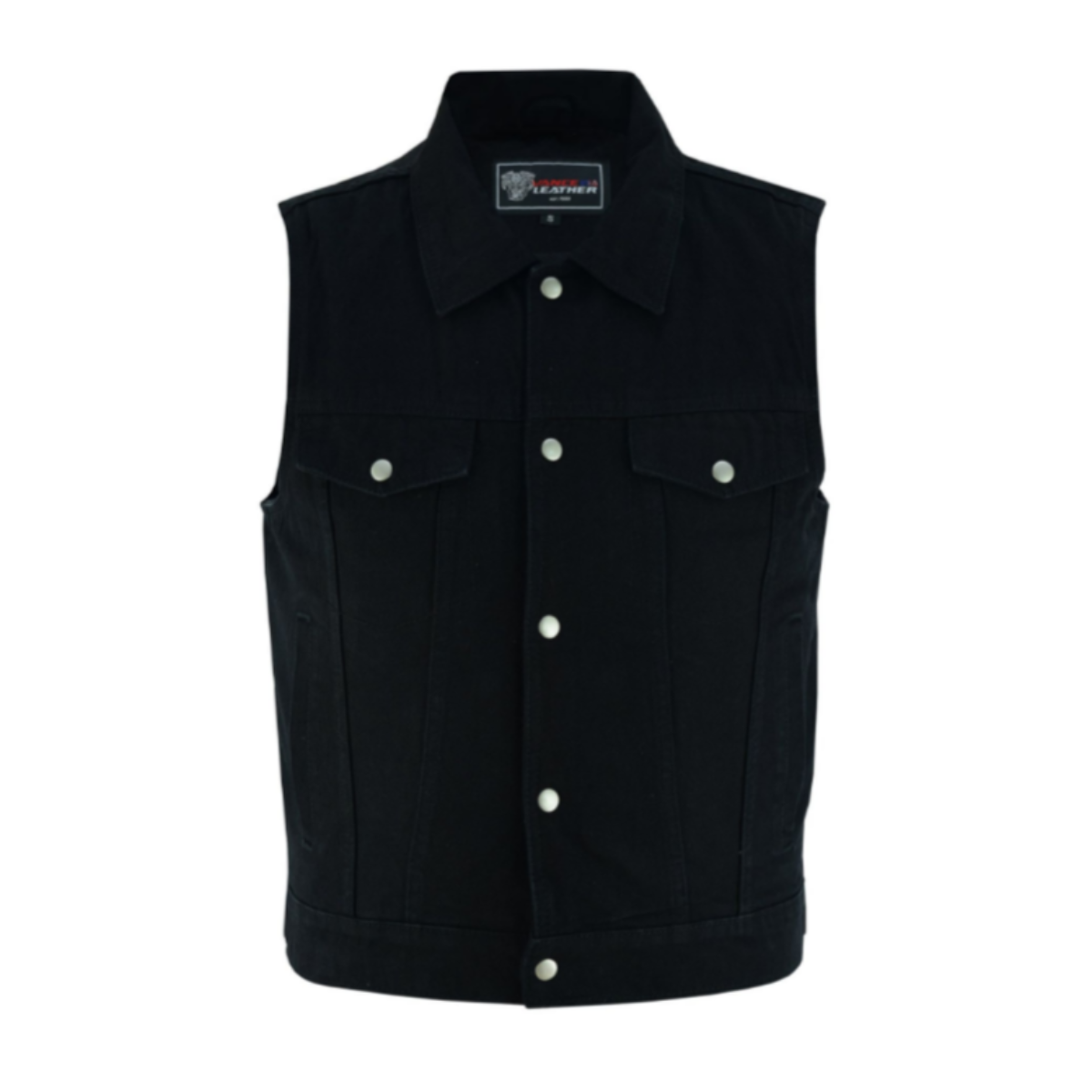 The Vance Leather Men's Denim Vest with Collar, with an adjustable bottom.