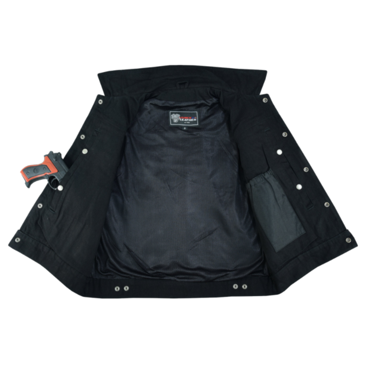 The back of a Vance Leather Men's Denim Vest with Collar with a gun in it.
