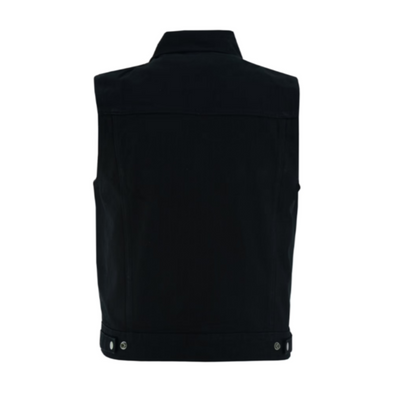 The back view of a Vance Leather Men's Denim Vest with Collar on a white background.