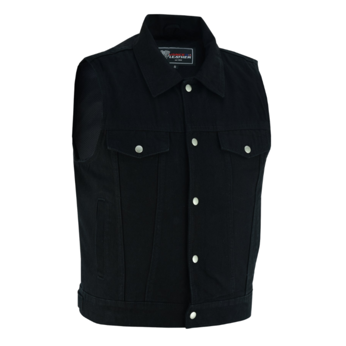 The Vance Leather Men's Denim Vest with Collar is adjustable-bottom and shown on a white background.