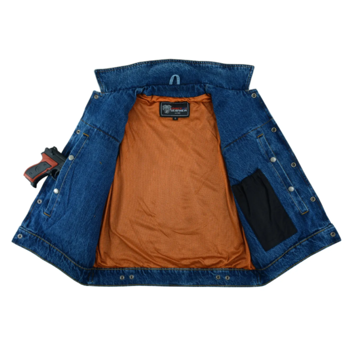 A Vance Leather Men's Denim Vest with Collar with an orange pocket.