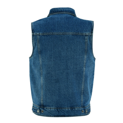 The back view of Vance Leather Men's Denim Vest with Collar featuring an adjustable bottom.