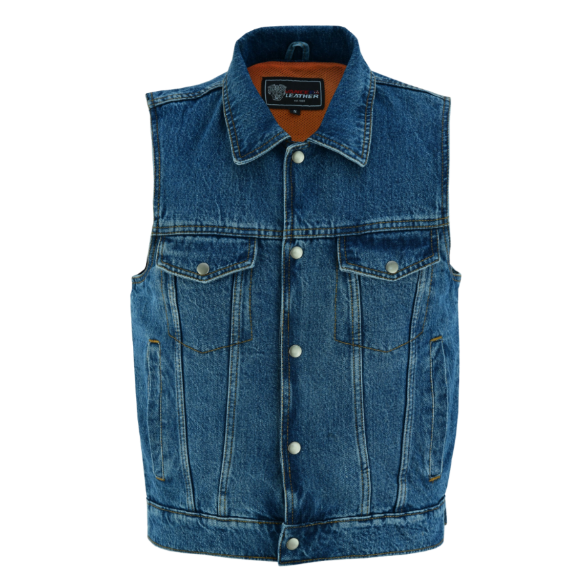 A Vance Leather Men's Denim Vest with Collar featuring 8 pockets and an adjustable bottom, photographed against a white background.