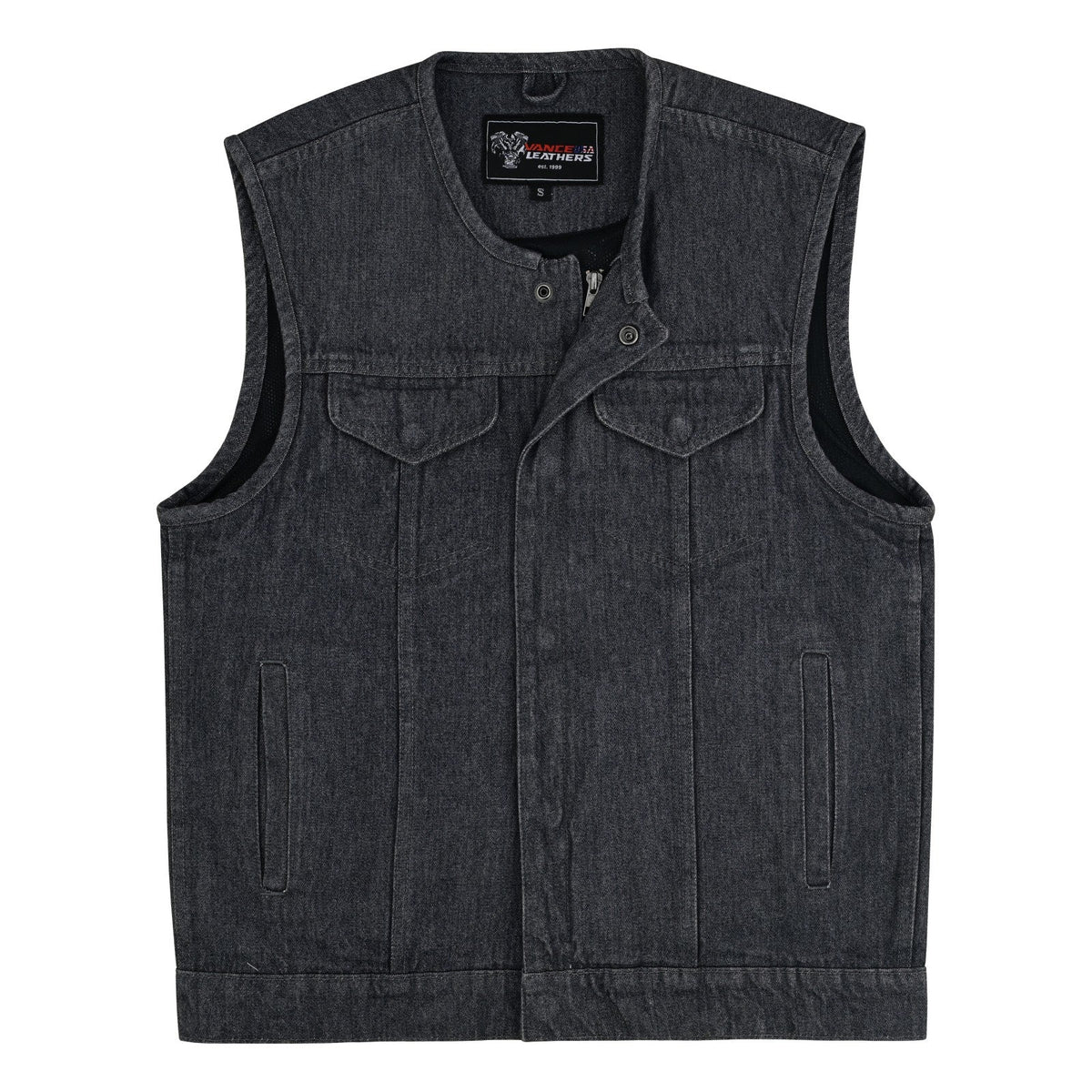 Vance Men's Distressed Grey Denim Collarless Club Vest w Dual Front Closure & CCW Pockets