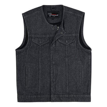 Vance Men's Distressed Grey Denim Collarless Club Vest w Dual Front Closure & CCW Pockets