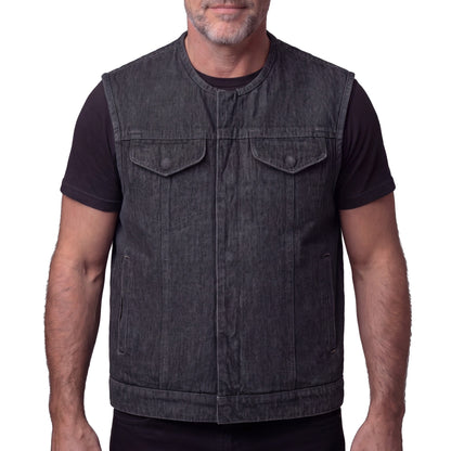 Vance Men's Distressed Grey Denim Collarless Club Vest w Dual Front Closure & CCW Pockets