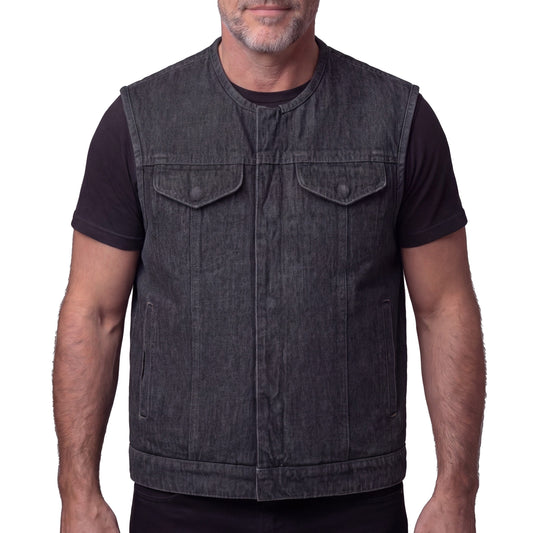 Vance Men's Distressed Grey Denim Collarless Club Vest w Dual Front Closure & CCW Pockets