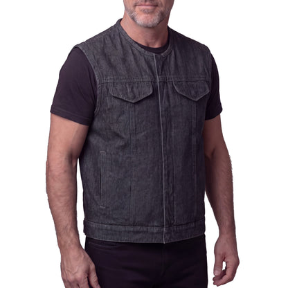 Vance Men's Distressed Grey Denim Collarless Club Vest w Dual Front Closure & CCW Pockets