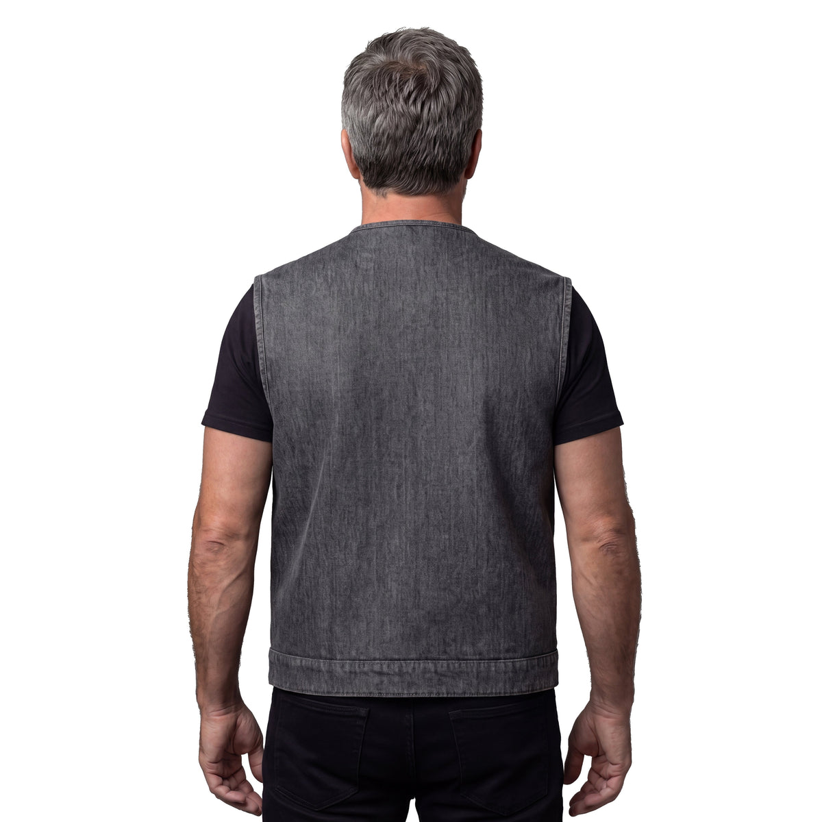 Vance Men's Distressed Grey Denim Collarless Club Vest w Dual Front Closure & CCW Pockets