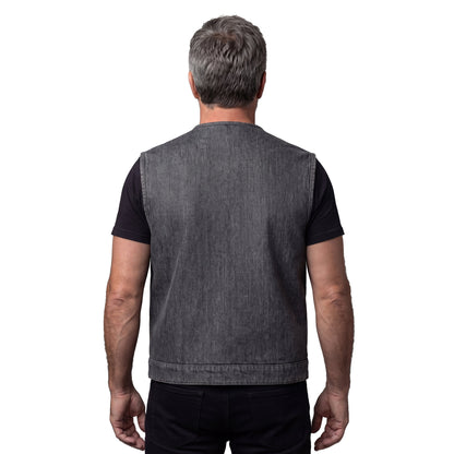Vance Men's Distressed Grey Denim Collarless Club Vest w Dual Front Closure & CCW Pockets