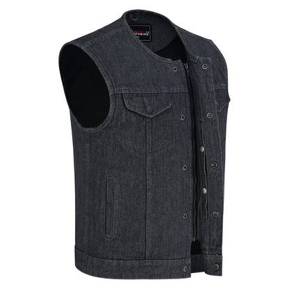 Vance Men's Distressed Grey Denim Collarless Club Vest w Dual Front Closure & CCW Pockets