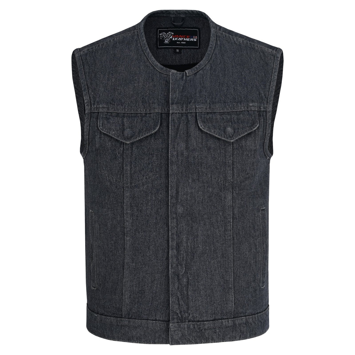 Vance Men's Distressed Grey Denim Collarless Club Vest w Dual Front Closure & CCW Pockets