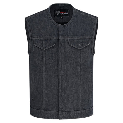 Vance Men's Distressed Grey Denim Collarless Club Vest w Dual Front Closure & CCW Pockets