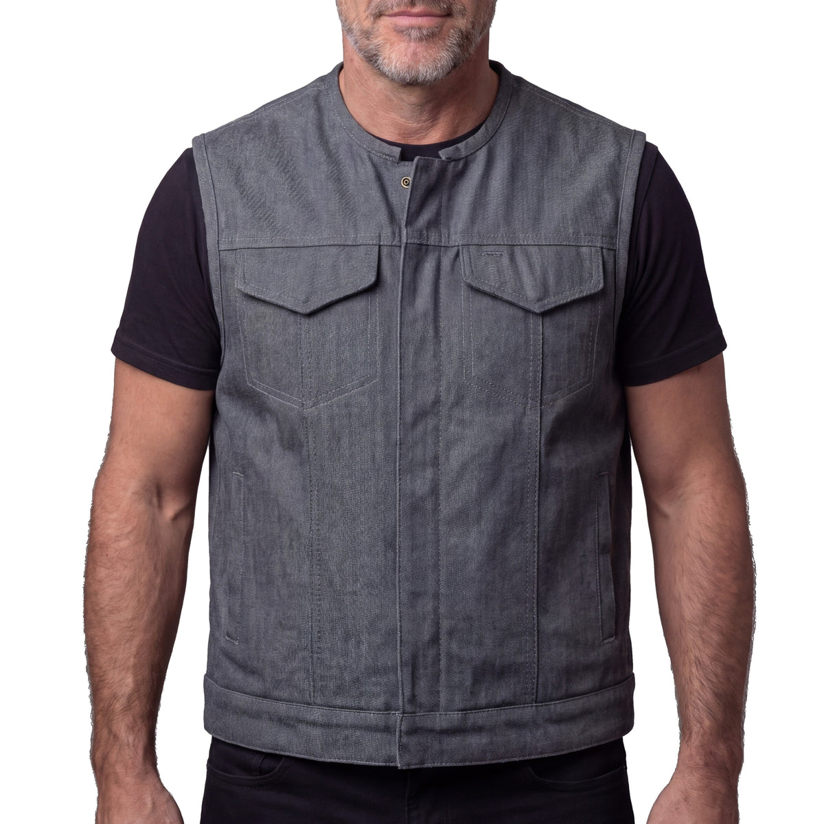 Men's Grey Denim Collarless Club Vest with Conceal Carry Pockets