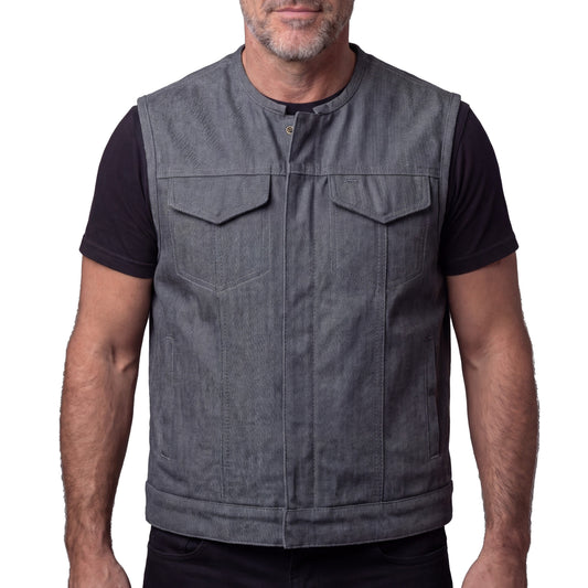Men's Grey Denim Collarless Club Vest with Conceal Carry Pockets