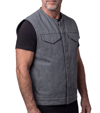 Men's Grey Denim Collarless Club Vest with Conceal Carry Pockets