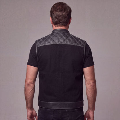 Men's Denim & Leather Motorcycle Vest with Conceal Carry Pockets and White Stitching