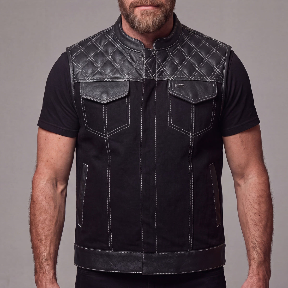 Men's Denim & Leather Motorcycle Vest with Conceal Carry Pockets and White Stitching