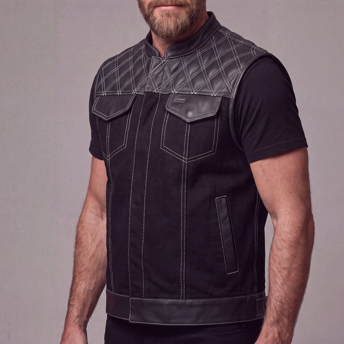 Men's Denim & Leather Motorcycle Vest with Conceal Carry Pockets and White Stitching