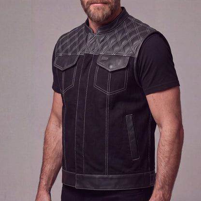 Men's Denim & Leather Motorcycle Vest with Conceal Carry Pockets and White Stitching