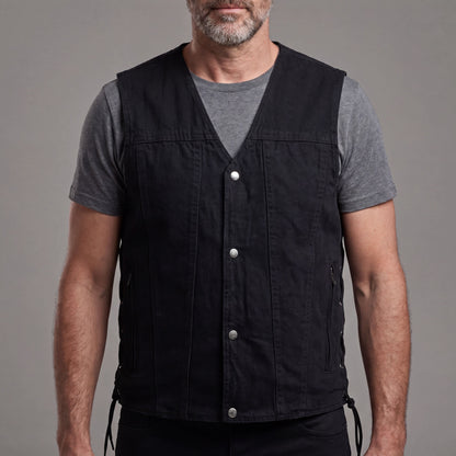Vance Men's Black V-Neck Denim Vest for Motorcycle Riders