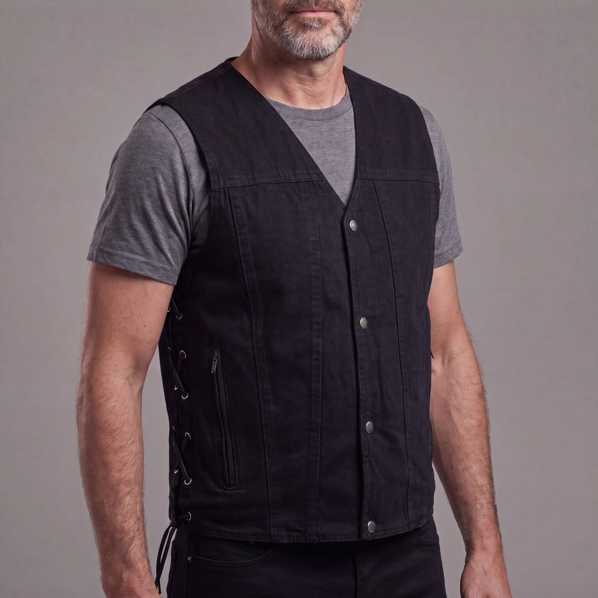 Vance Men's Black V-Neck Denim Vest for Motorcycle Riders