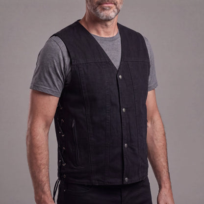 Vance Men's Black V-Neck Denim Vest for Motorcycle Riders