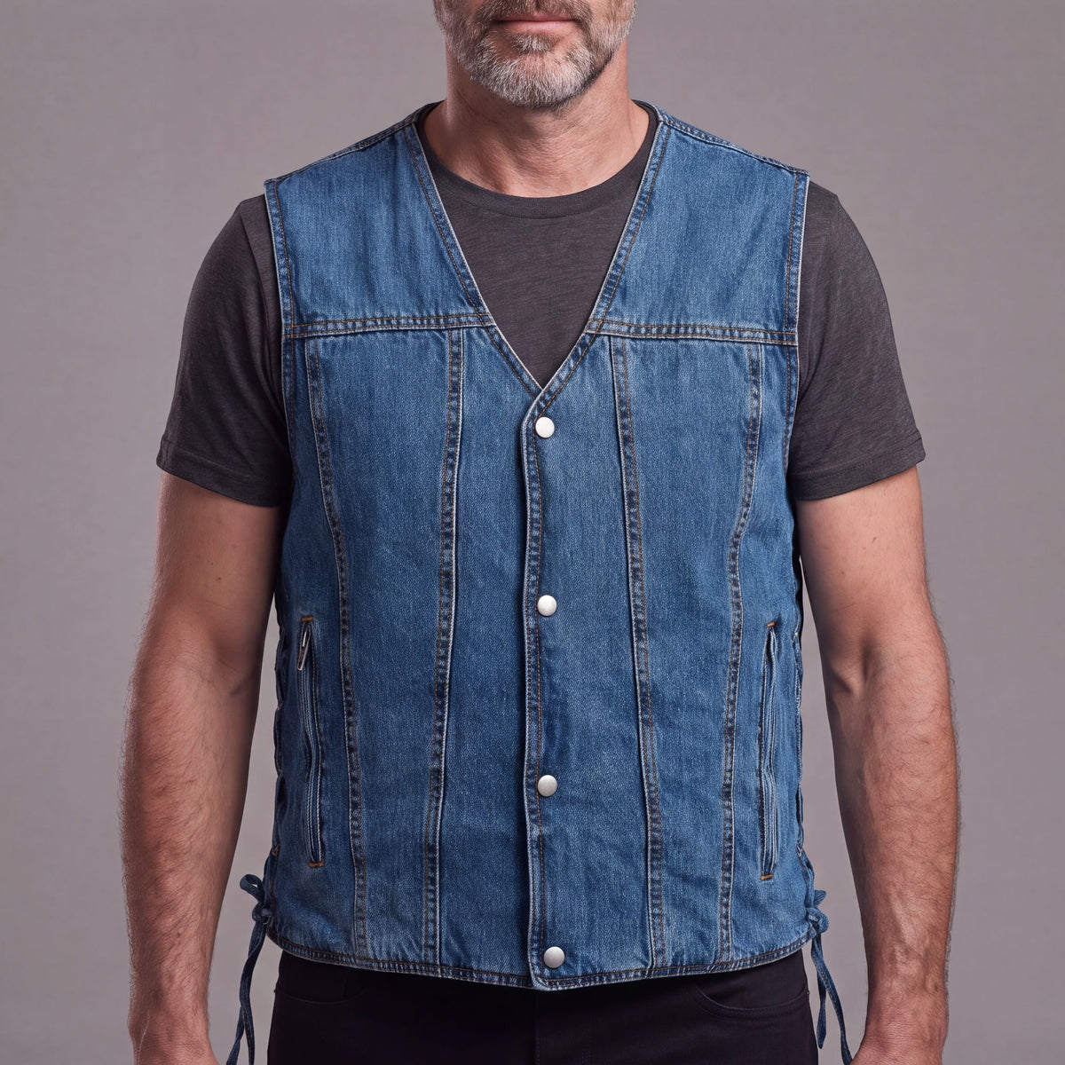 Vance Mens Blue V-Neck Denim Vest for Motorcycle Riders