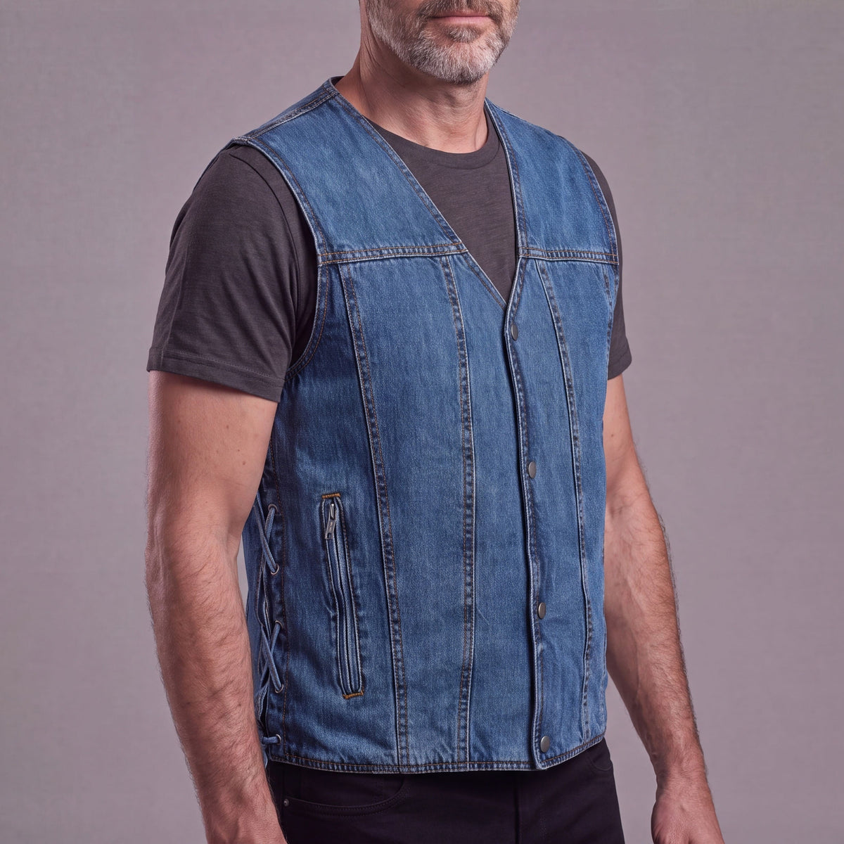 Vance Mens Blue V-Neck Denim Vest for Motorcycle Riders