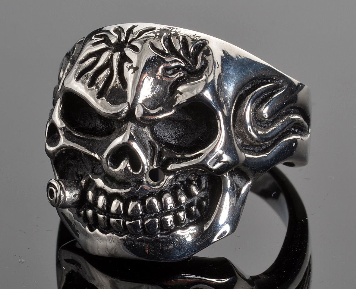 Stainless Steel Men's Bite The Bullet Ring with Golden Bullet