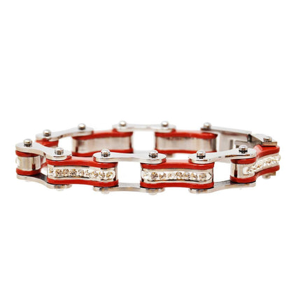 Two Tone Silver and Red Ladies Bike Chain Bracelet with White Crystal Centers