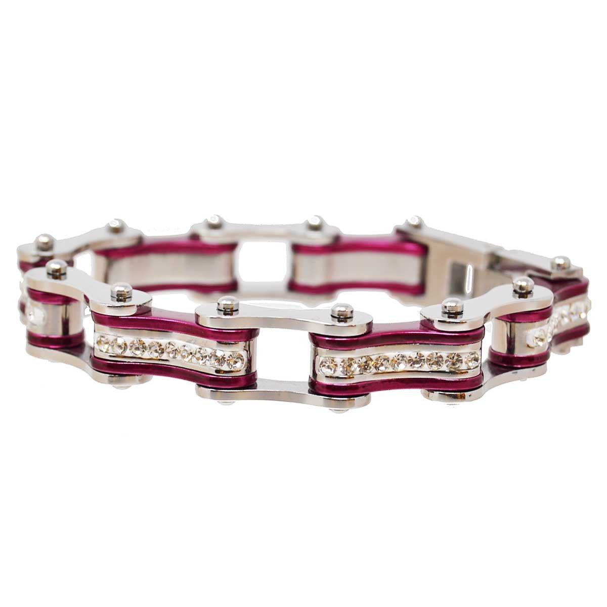 Two Tone Silver and Candy Purple Ladies Bike Chain Bracelet with White Crystal Centers