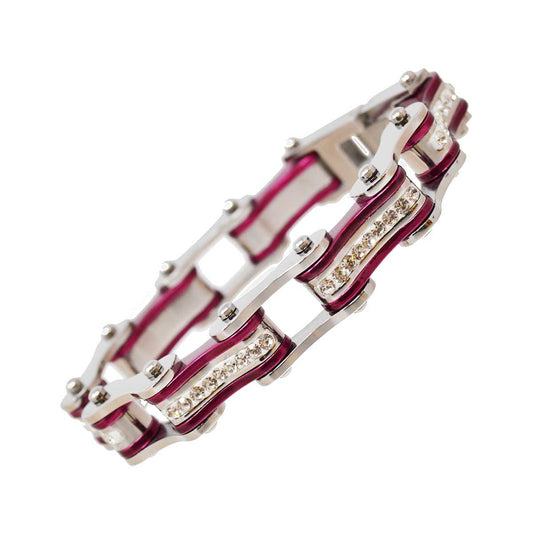 Two Tone Silver and Candy Purple Ladies Bike Chain Bracelet with White Crystal Centers