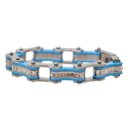Two Tone Silver and Turquoise Ladies Bike Chain Bracelet with White Crystal Centers