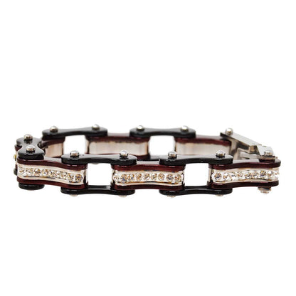 Two Tone Black and Candy Red Ladies Bike Chain Bracelet with White Crystal Centers