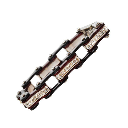 Two Tone Black and Candy Red Ladies Bike Chain Bracelet with White Crystal Centers