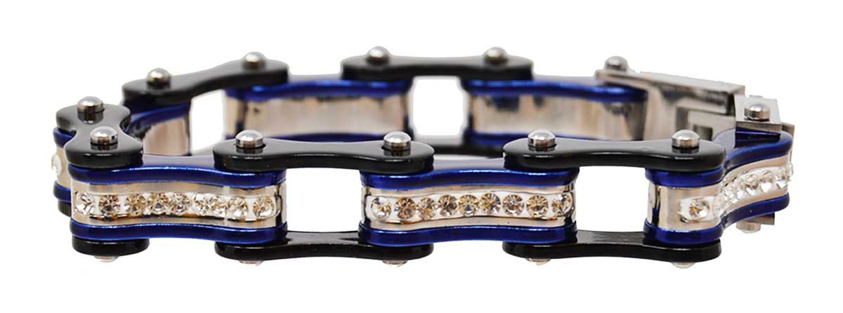 Two Tone Black and Candy Blue Bike Chain Bracelet with White Crystal Centers