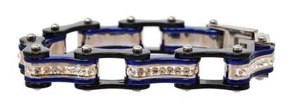 Two Tone Black and Candy Blue Bike Chain Bracelet with White Crystal Centers