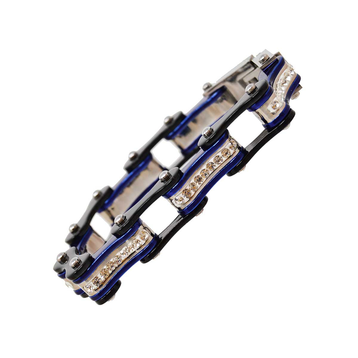 Two Tone Black and Candy Blue Bike Chain Bracelet with White Crystal Centers