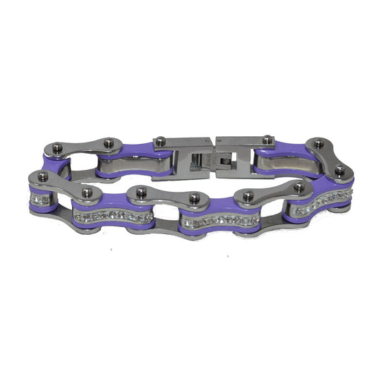 Two Tone Silver and Purple Bike Chain Bracelet with White Crystal Centers