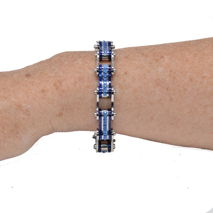 Two Tone Silver and Candy Blue Bike Chain Bracelet with Blue Crystal Centers