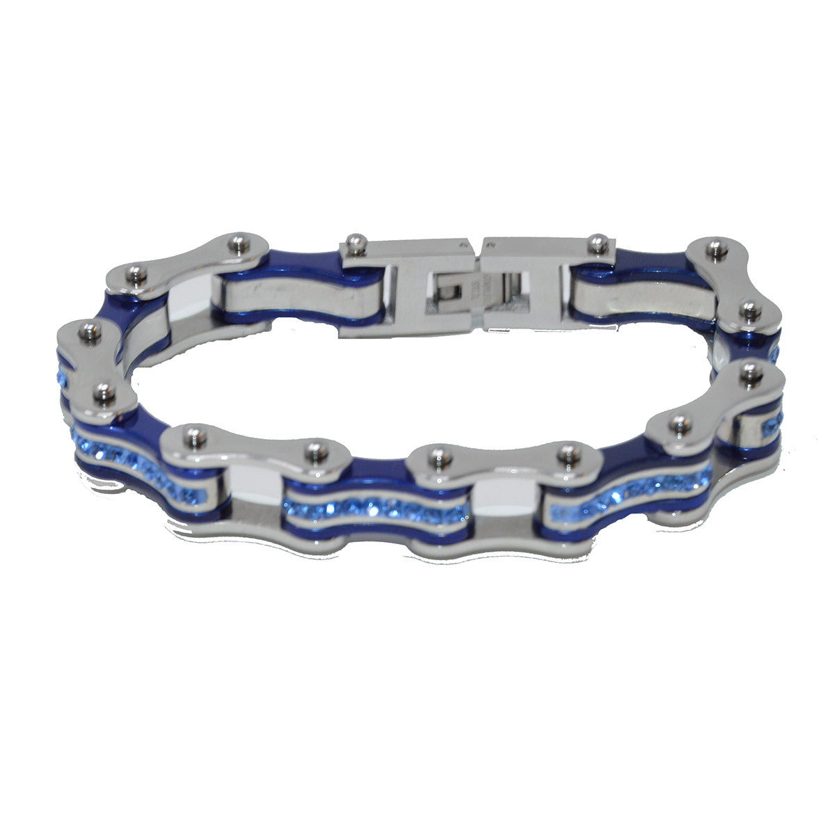 Two Tone Silver and Candy Blue Bike Chain Bracelet with Blue Crystal Centers