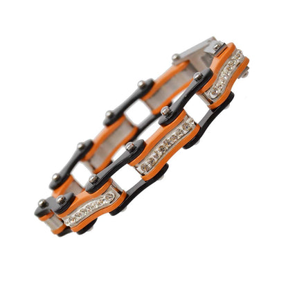 Two Tone Black and Orange Ladies Bike Chain Bracelet with White Crystal Centers