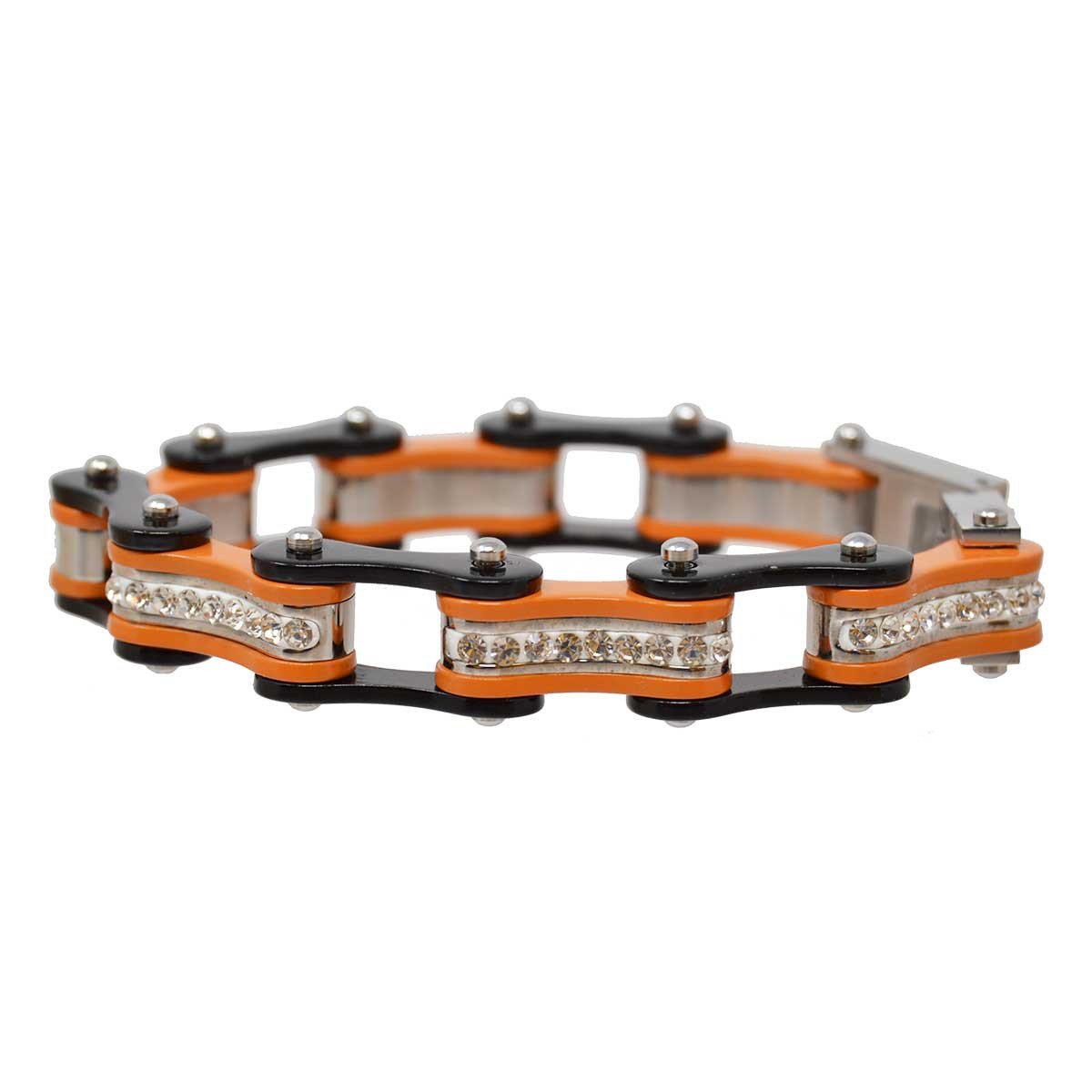 Two Tone Black and Orange Ladies Bike Chain Bracelet with White Crystal Centers